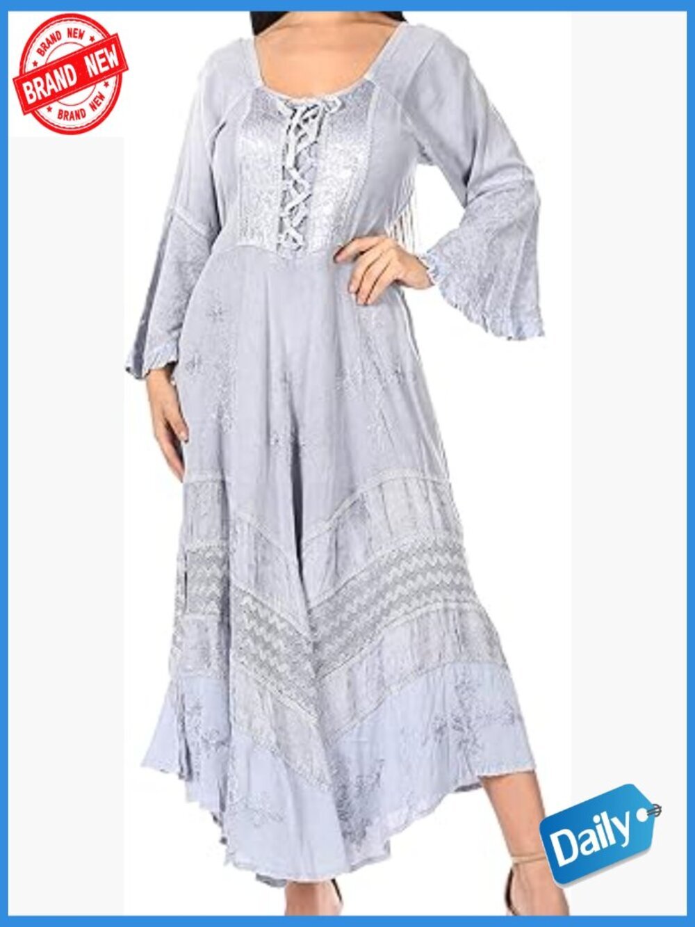 Stonewashed Corset Style Kimono Sleeve Dress Smocked Back Floral Embroidery